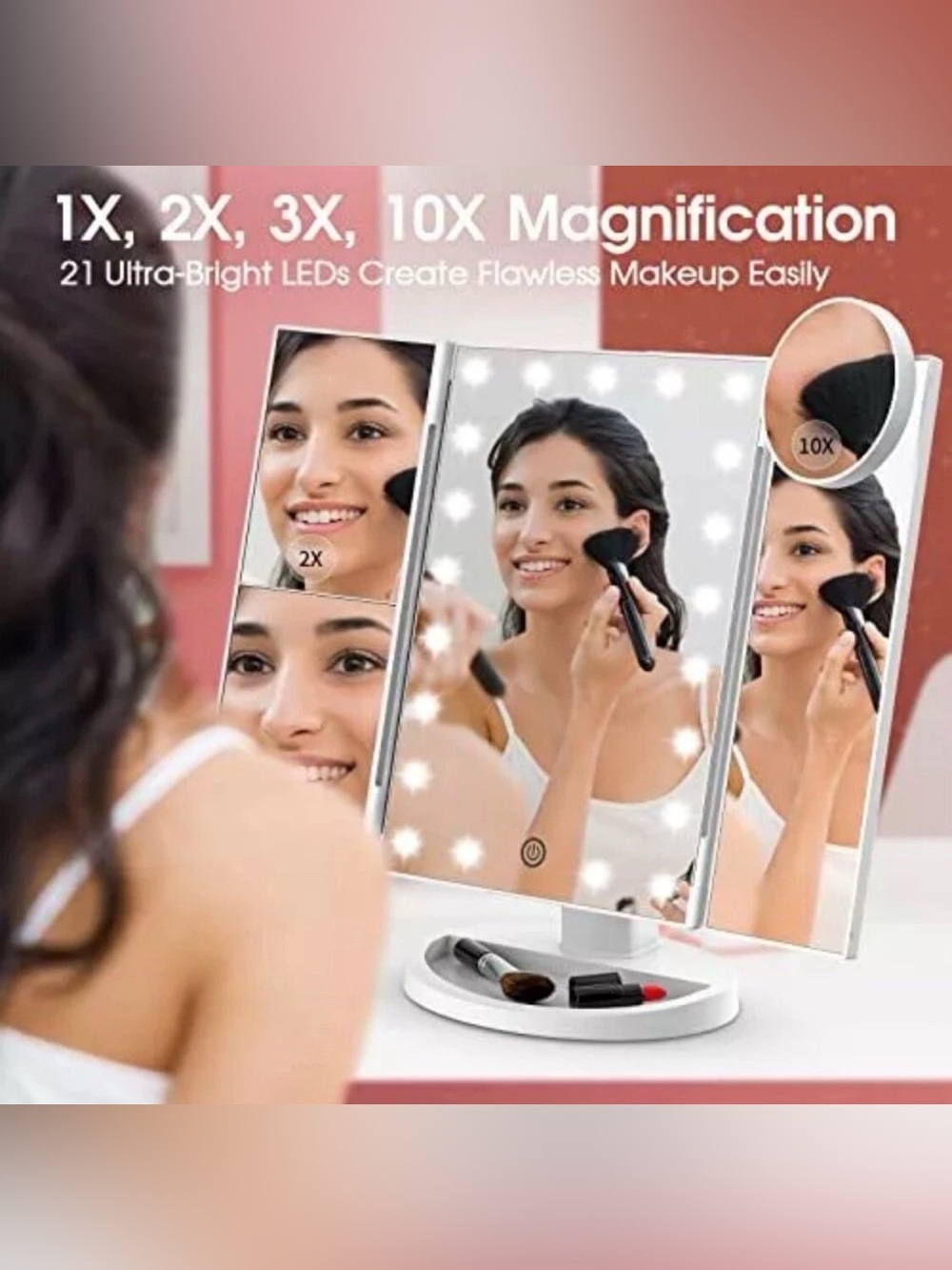 Mirror, makeup mirror lighted, 2X, 3X 10x Magnify, Trifold, 3 Panel LED Lighted